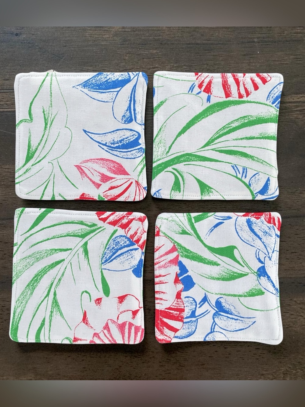 Vintage Fabric Floral Leaf Print Coasters in Red, Green & Blue